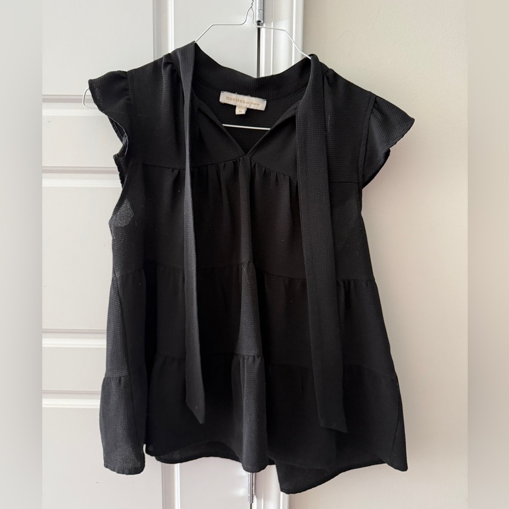 Boho Black Tie-Neck Tiered Cap Sleeve Babydoll Blouse M Interview Outfit